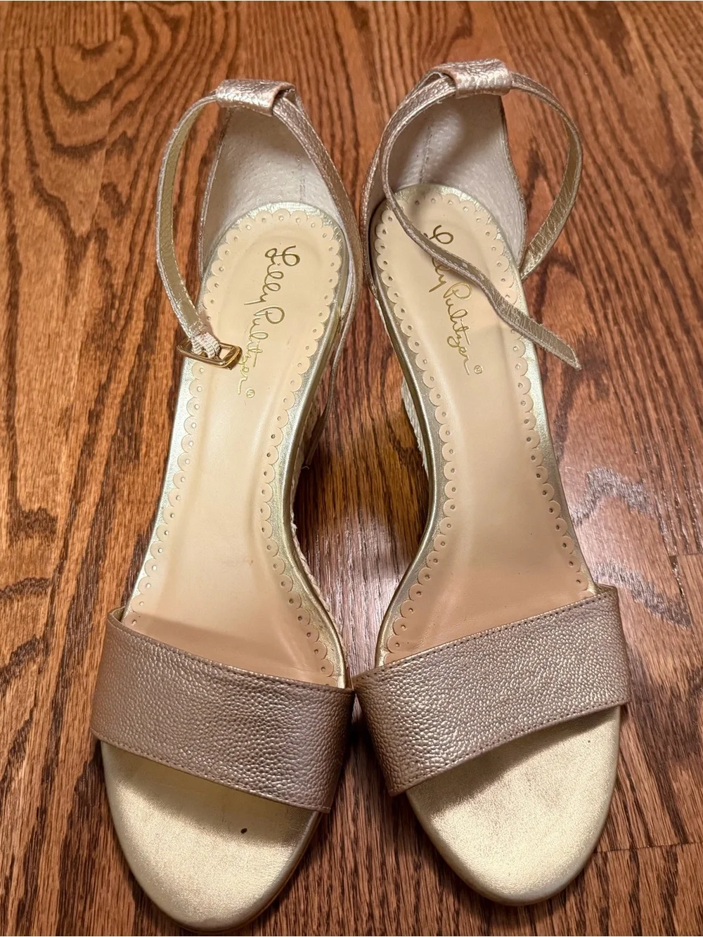Lilly Pulitzer Metallic Gold Ankle-Strap Wedge Sandals, Sz 10